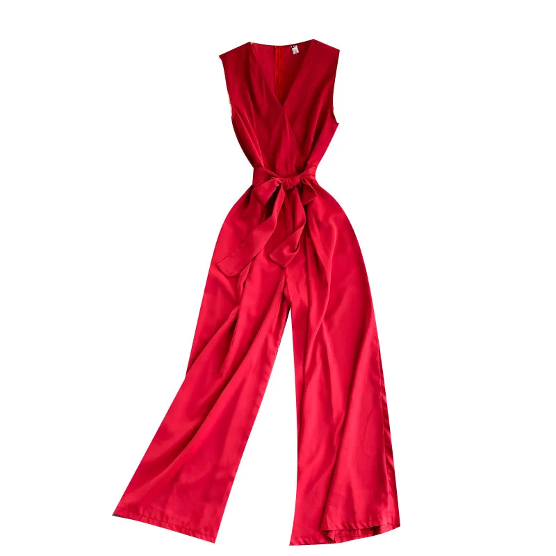 

2021 Summer Fashion New Women's High-waist Lace-up Temperament Commuter Jumpsuit Long Wide-leg Pants DK224