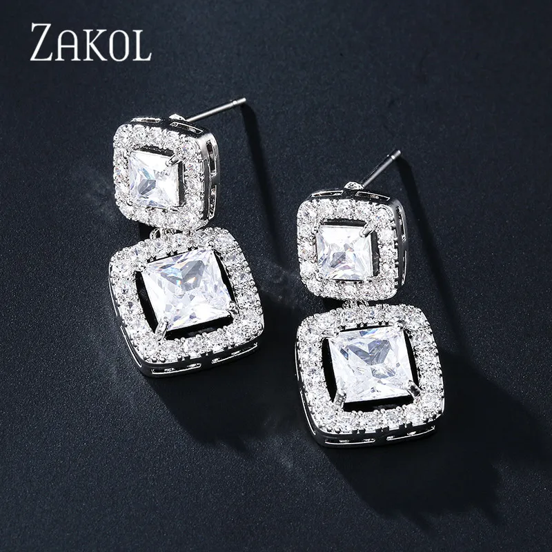 ZAKOL модные высококачественные квадратные висячие серьги с фианитами для женщин