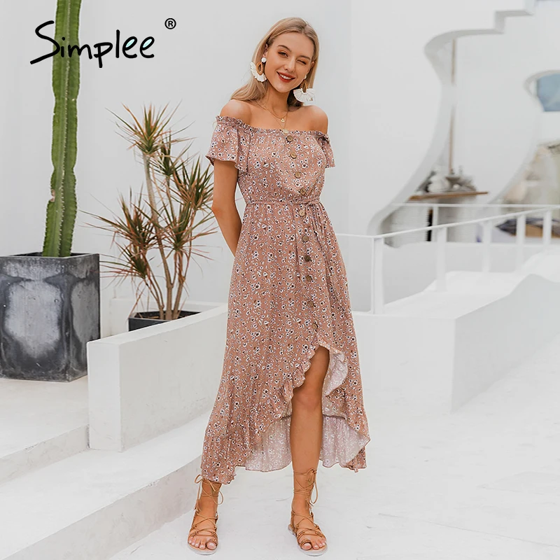 Simplee летнее платье с открытыми плечами цветочный принт Гофрированный Пояс