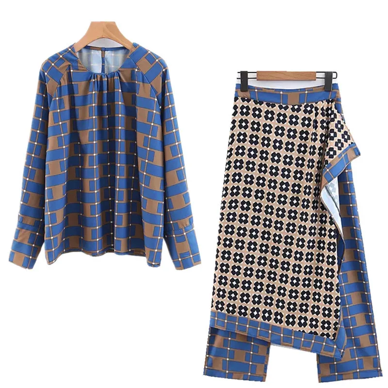 

Vintage Women Loose Casual Set Long Sleeve Blouse Shirt Tops Plaid Skirt Pants Scarf Stitched Wide Leg Pants 2 Piece Set Female