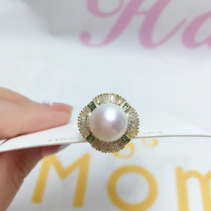 ЖБОРУИНИ Кольцо с круглой жемчужиной, инкрустированное бриллиантами и покрытое золотом 14К, изысканное, элегантное, с изумрудно-зеленым цирконом, натуральные украшения для женщин, подарок.