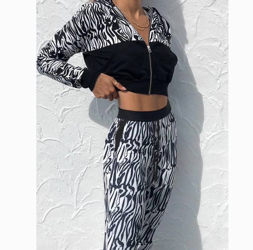 

Sexy Tracksuit Women's Splice Zipper Crop Tops Long Pants 2 Piece Set Outfits Fashion Sports Suits Costume
