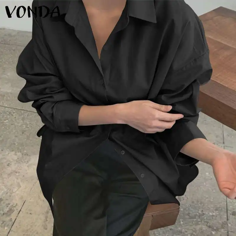 

Elegant Shirts Women Fashion Lapel Collar Blouse Solid Color Tops 2021 VONDA Long Sleeve Shirts Female Tops Femininas Plus Size