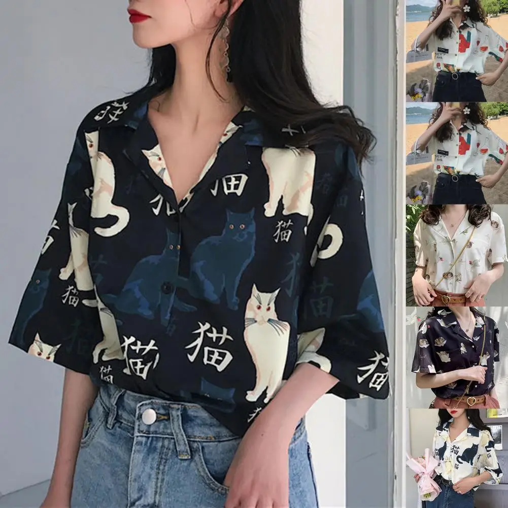 

Shirt Printed Buttons Women Loose Short Sleeve Blouse for Dating