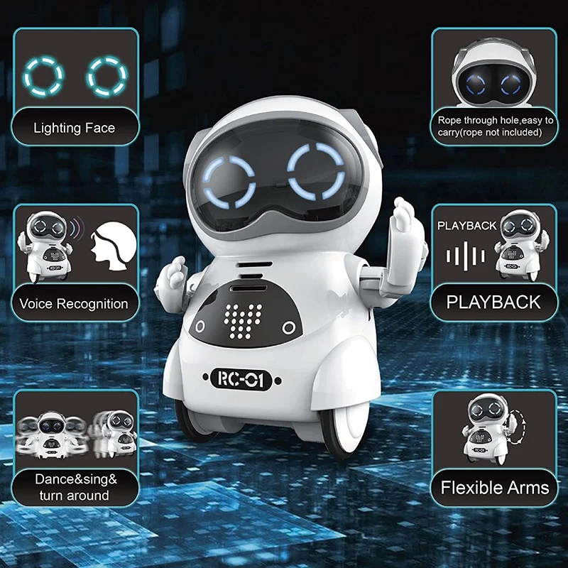 

Chat robot Mini RC Pocket Robot for Kids with Interactive Dialogue Conversation Voice Recognition Chat Record Singing& Dancing
