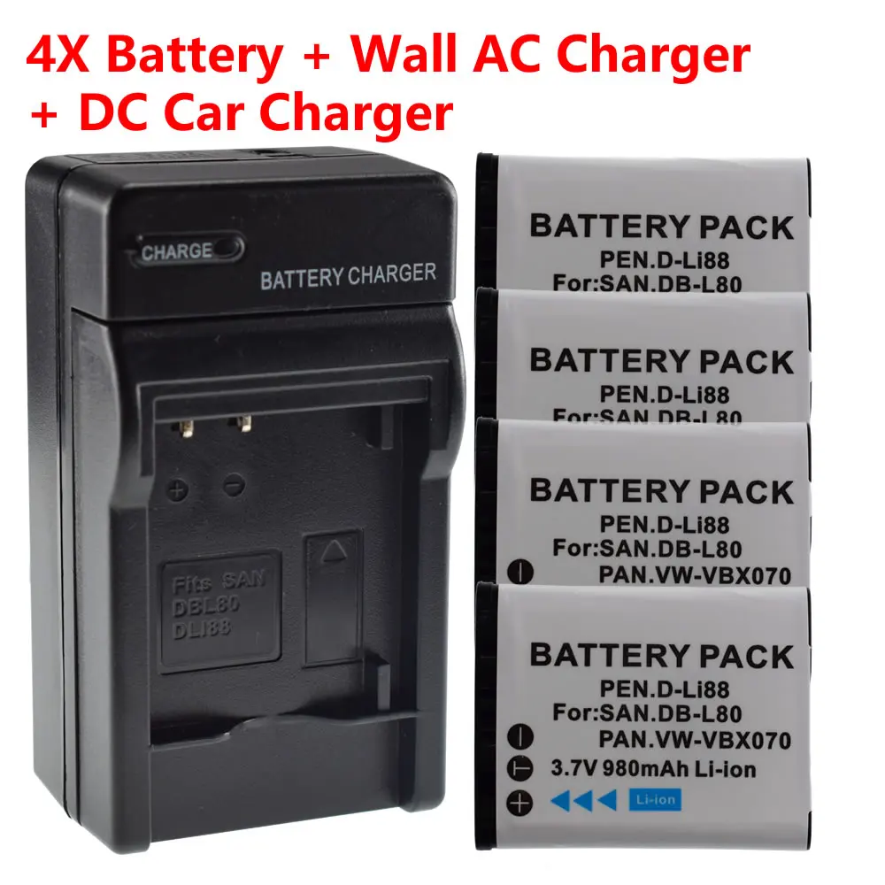 4 New Battery Pack + Charge for Sanyo DB-L80 L80A DBL80 Pentax D-L188 DL188 D-Li88 VPC-GH1GX CS1PX X1 Car Plug | Электроника