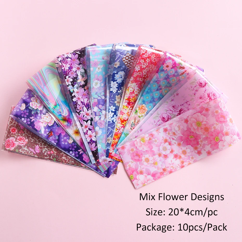 

10pcs Colorful Flowers Print Stickers On Nails Foils Starry Sky Wraps Transfer Decals For Manicure Nail Art Decorations SAXK139