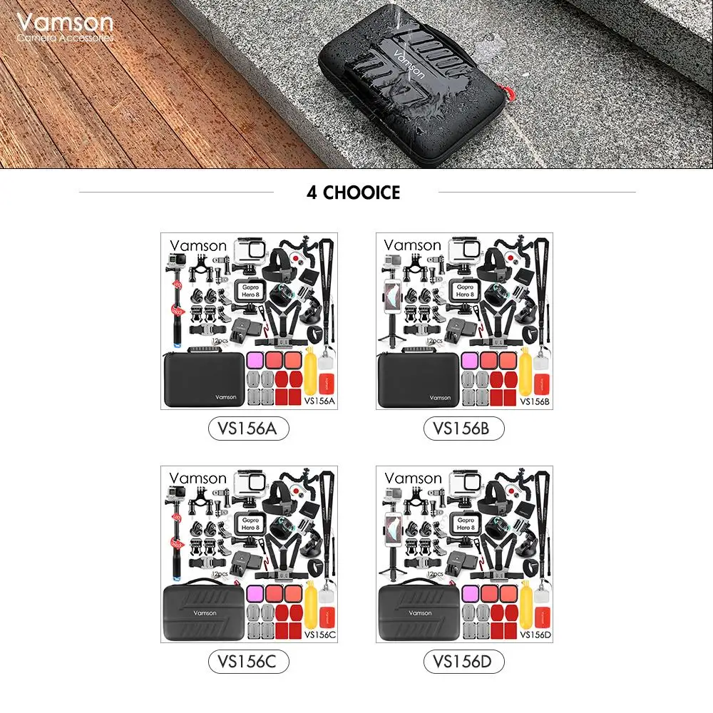 Vamson для экшн-камеры GoPro, комплект аксессуаров, водонепроницаемый чехол, набор для Go Pro Hero 8, черный аксессуар для экшн-камеры VS156