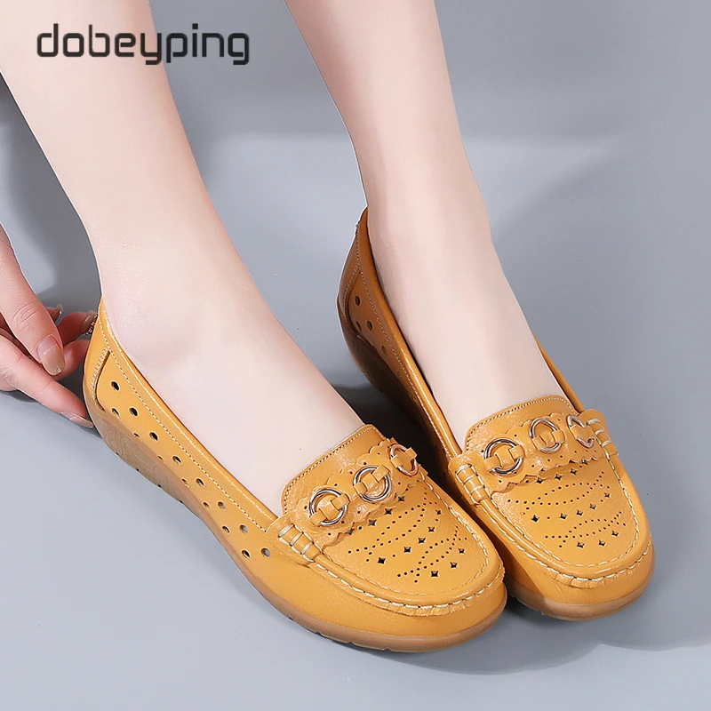 dobeyping Fashion Hollow Women's Loafers Genuine Leather Woman Summer Shoe Moccasins Slip On Female Flats Wedge Shoes Size 35-44