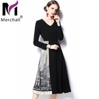 2021 autumn winter office lady elegant knee length pleated dress female patchwork v neck long sleeve party robe with belt m71814