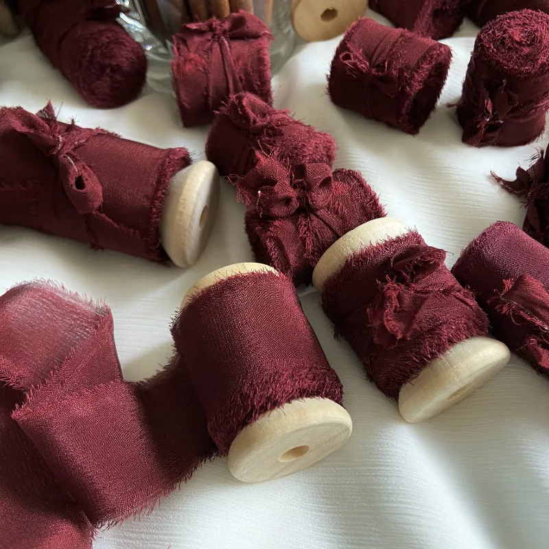 25 мм шифоновые шелковые ленты с необработанными краями бордового и красного