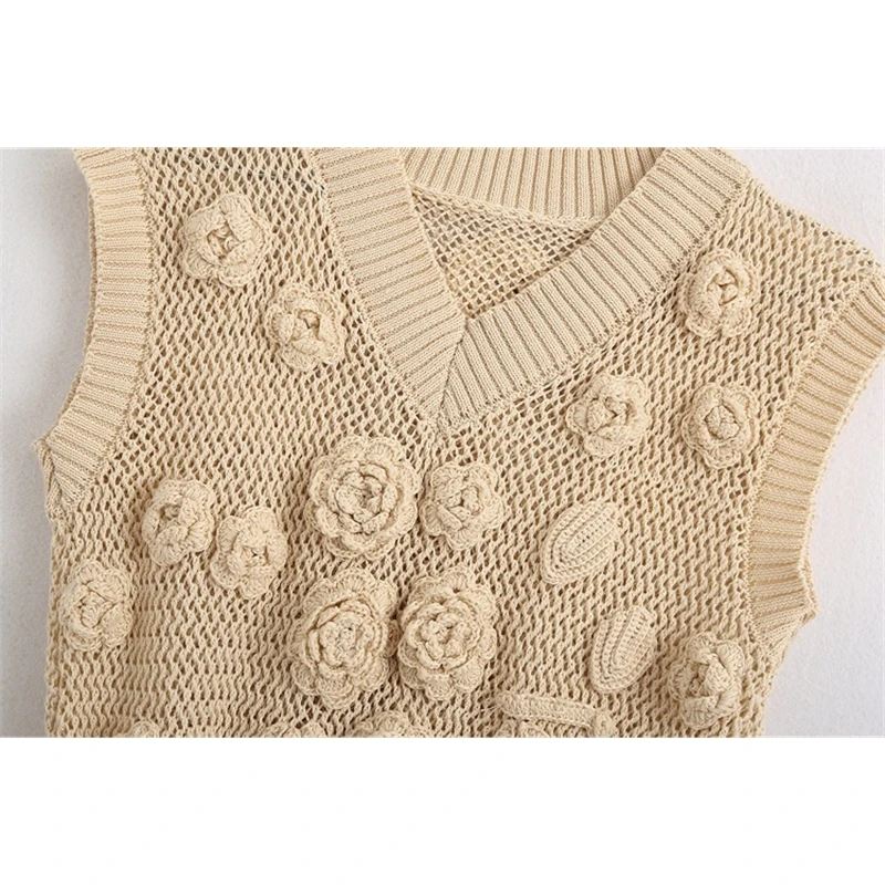 

YOSIBCD Women 2021 Fashion With Crochet Detail Knitted Vest Sweater Vintage V Ribbed Trims Female Waistcoat Chic Tops