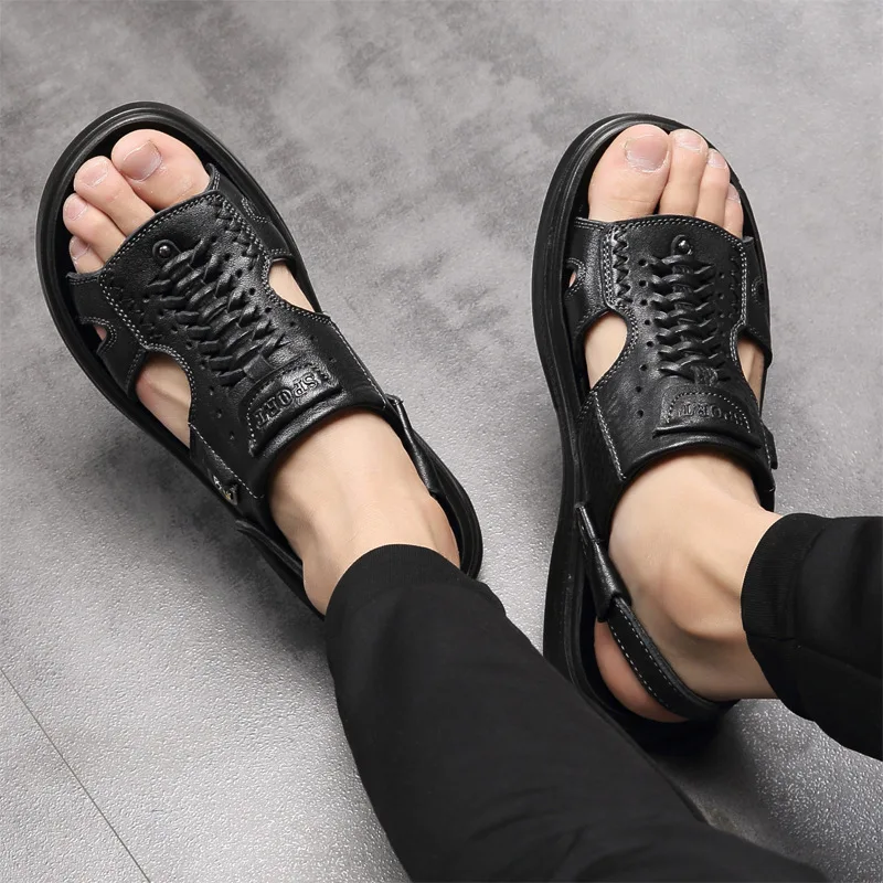 Мужские пляжные сандалии LIMEIKE черные из натуральной дышащей кожи мягкие для лета