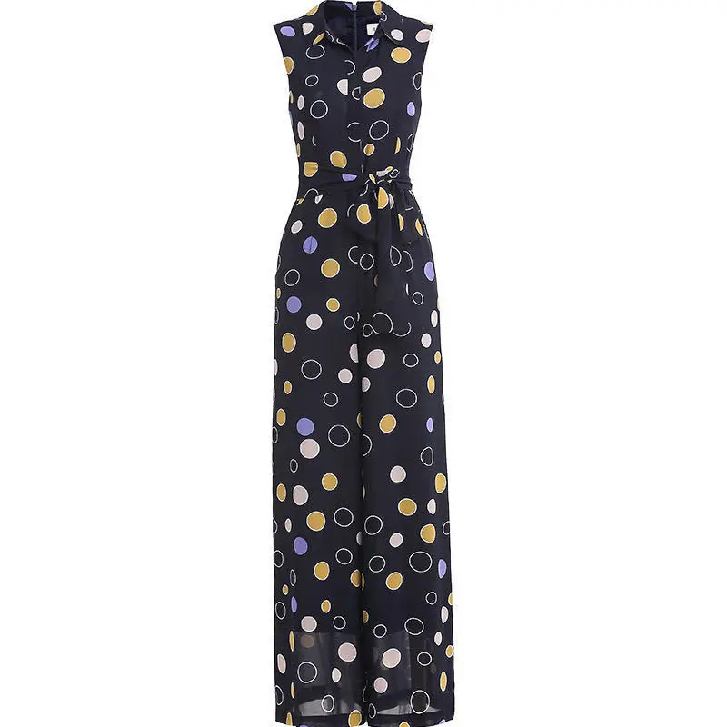

Female 2021 Summer Fashion Sleeveless Printing Jumpsuits Women V-neck High Waist Lace-up Casual Wide Leg Chiffon Rompers Y486
