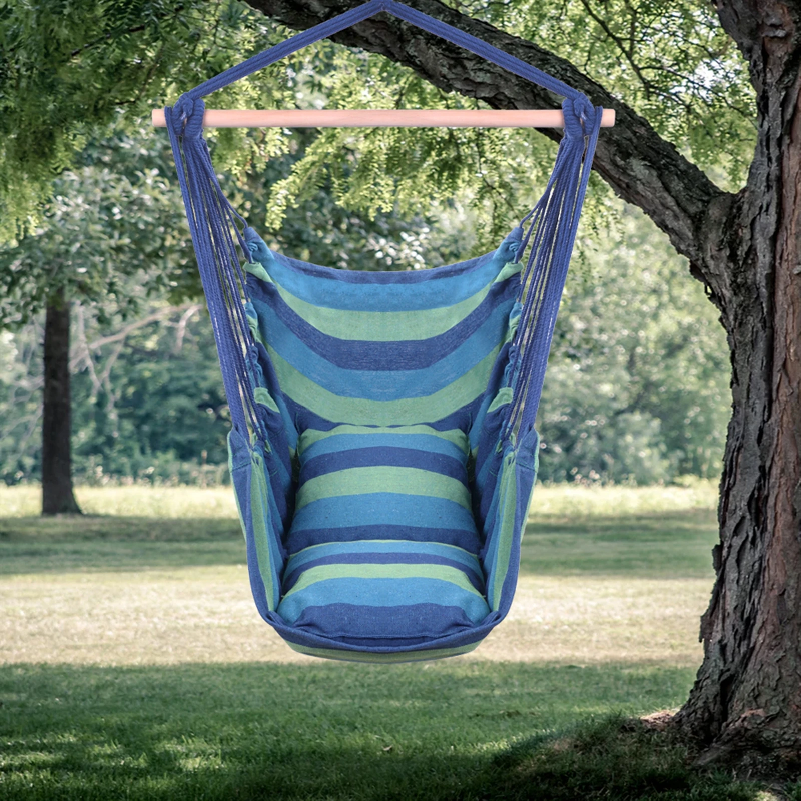 

Distinctive Cotton Canvas Hanging Rope Chair with Pillows Blue Outdoor Hammock Garden Sports Home Travel Camping Swing