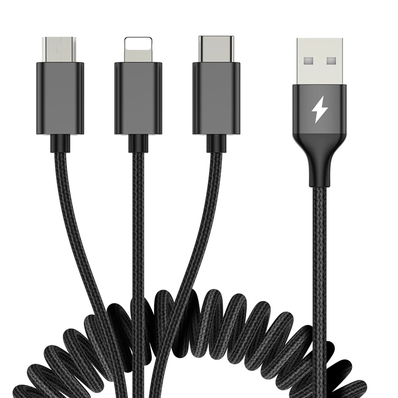ROCK 3 в 1 USB кабель выдвижной пружинный кабель для iPhone samsung Xiaomi 3.3A Быстрая зарядка type-C кабель для передачи данных кабель - Цвет: Black