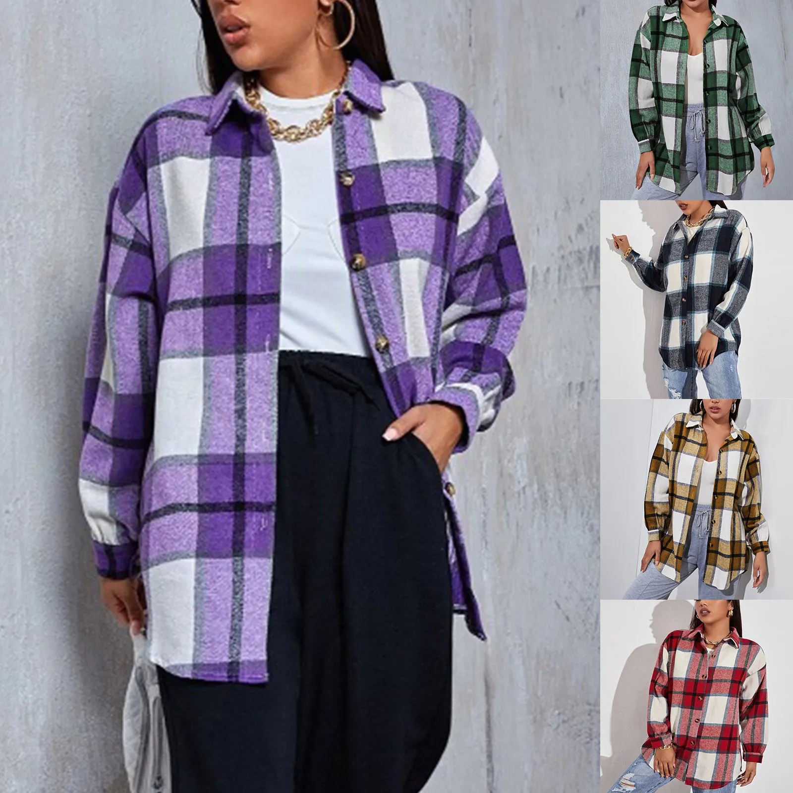 

Womens Overcoat Thickened Casual Button Down Super Soft Plaid Winter Long Sleeve Polo-Shirts Snow Coat Outwear