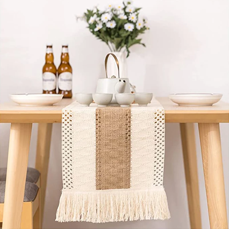 

Macrame Table Runners with Tassels Natural Burlap Splicing Cotton Bohemian Wedding Bridal Shower Rustic Home Farmhouse 12x72 in
