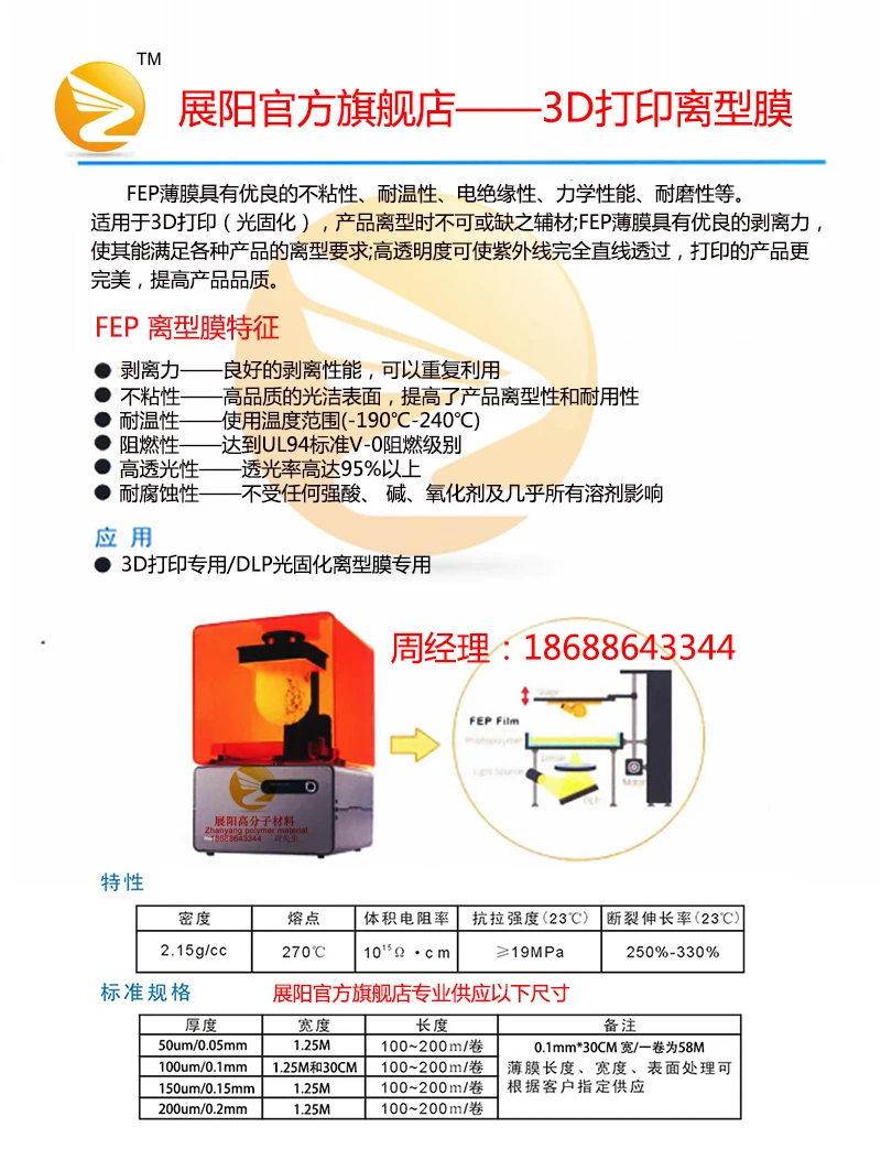 FEP-Pel&iacute;cula de liberaci&oacute;n de membrana de poliperfluoroetileno, pel&iacute;cula de impresi&oacute;n 3D, espesor de 0,05mm, 0,1mm, 0,15mm-3