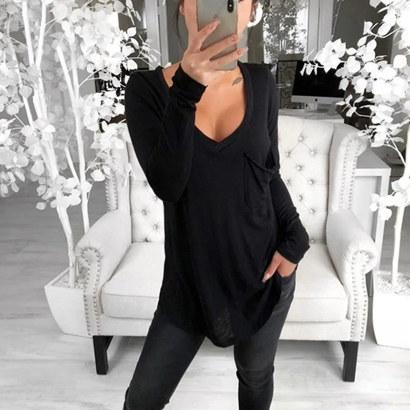 

Autumn Women Korean t shirt Basic V Neck Long Sleeve Fitted Plain Top Solid Stretch Shirt Clothing Tops Slim T shirts