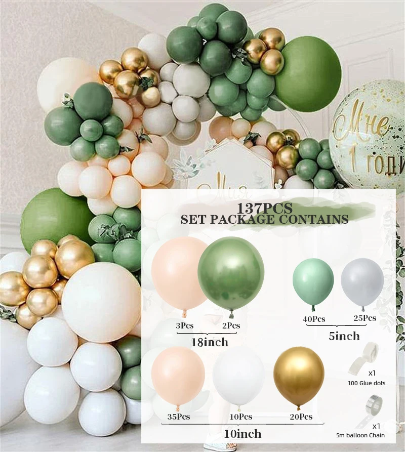 

137pcs Bean Green Balloons Garlands Wild One Birthday Ballon Jungle Safari Happy Birthday Party Decor Kids Balon Baby Shower