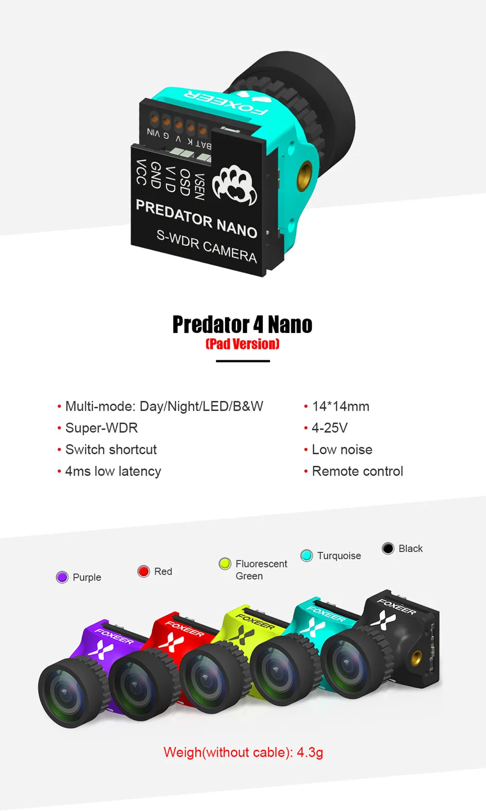 Foxeer Nano Predator 4 FPV камера с припой 4ms задержка Супер WDR для RC FPV гоночный Радиоуправляемый Дрон