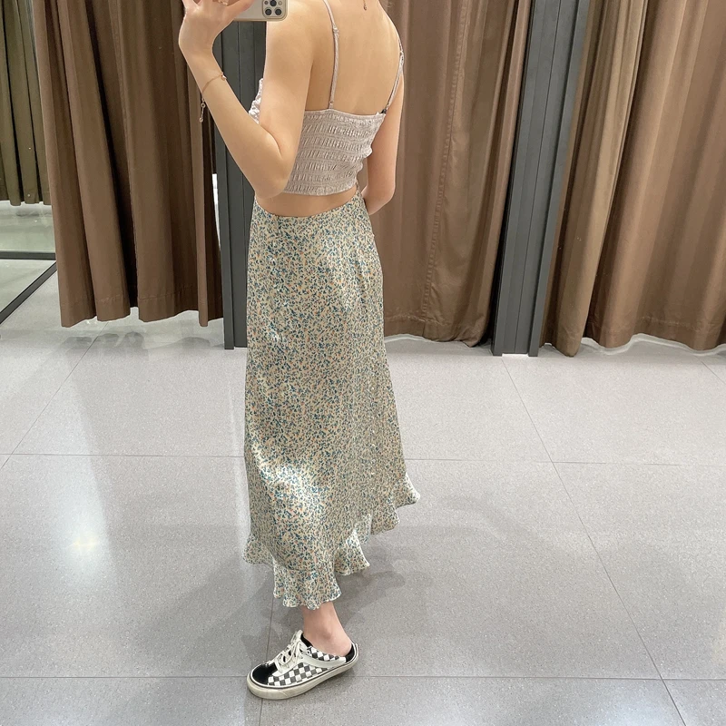 

Summer 2021 Women Vintage Floral Ruffles Skirts Fashion High Waist Midi SKirt Female Zipper Vacation Skirt