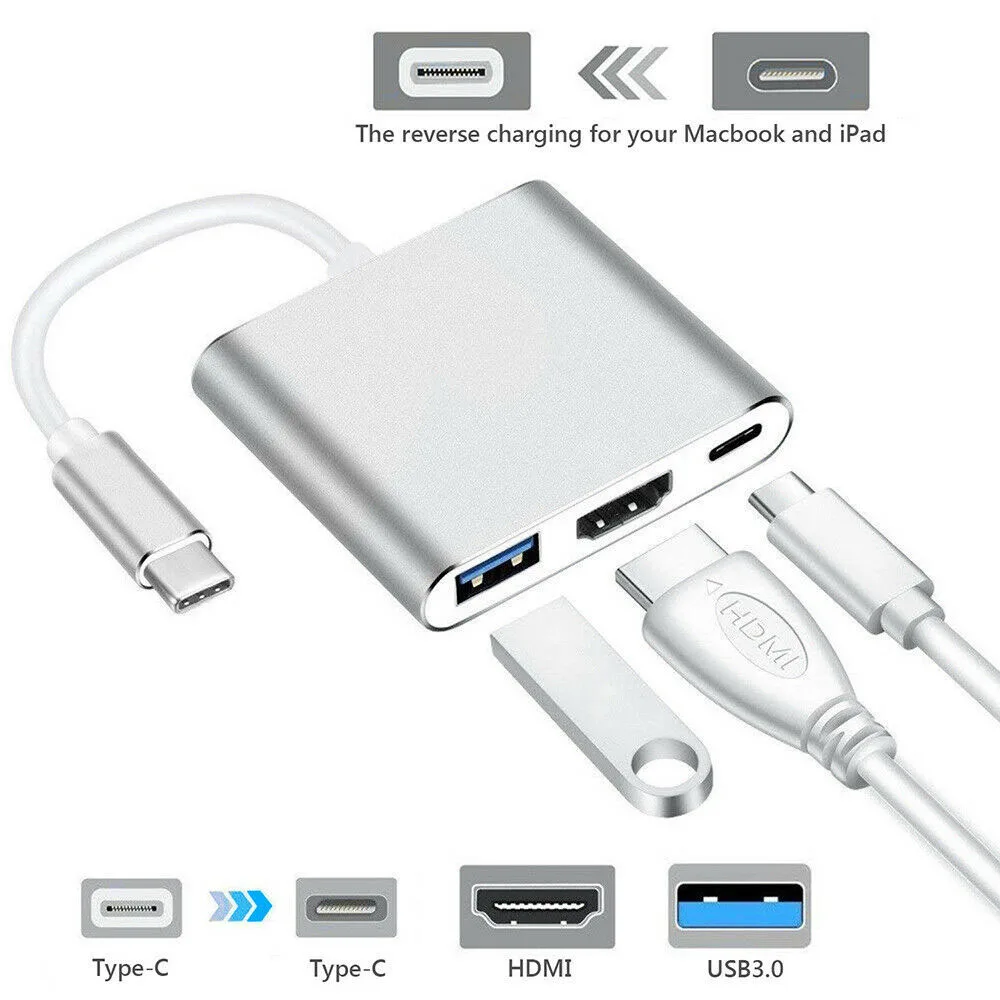 

Type C USB 3.1 to USB-C 4K HDMI-compatible USB 3.0 Adapter Cable 3 in 1 Hub
