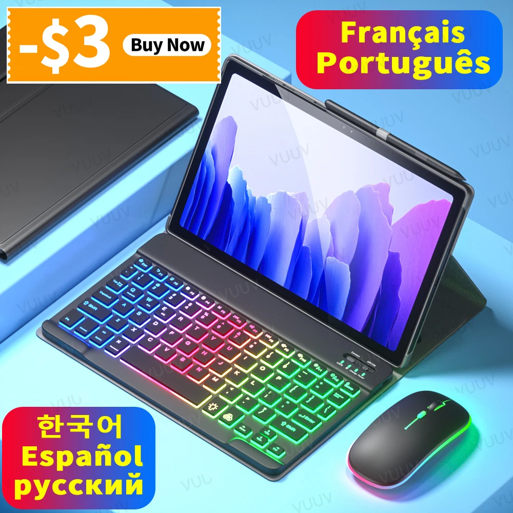 For Samsung Galaxy Tab S6 Lite Case Rainbow Backlight Keyboard Mouse Funda For Samsung Galaxy Tab A7 S7 Case With Pencil Holder