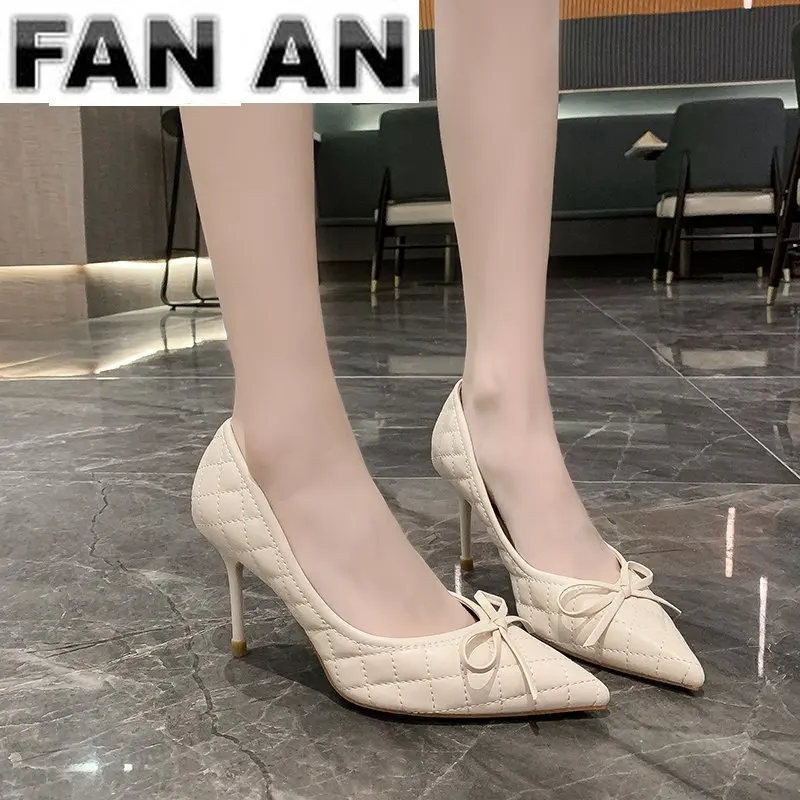 

2021 Women Pointed Toe Pumps Bow Knot Shallow Work lady Single Shoes Elegant Comfy Thin High Heels Woman Temperamen Footwear