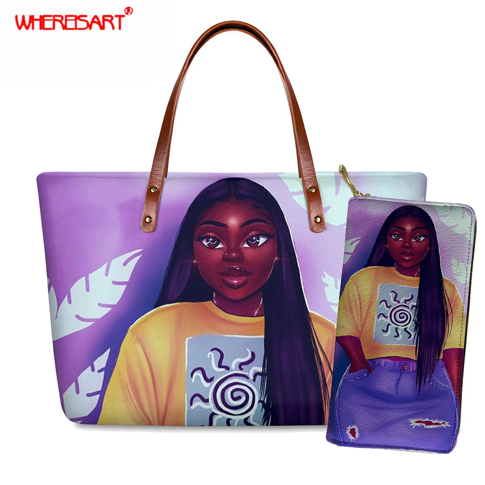 

Luxury Women 2pcs set Shoulder Handbag with Wallet Melanin Poppin Pattern Totes Bags Afro Black Girls Pattern Ladies Purses