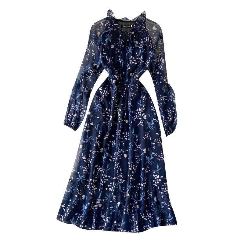 Fitaylor 2021 New Autumn Women Print Dresses Elegant Puff Sleeve Ruffles Hem Lace Up O Neck High Waist Blue Ladies | Женская одежда