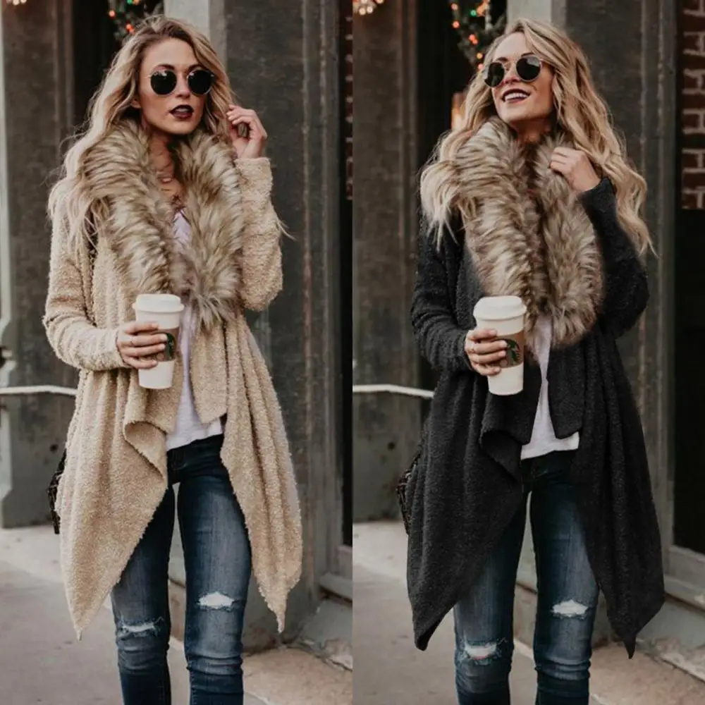 

Explosive new style autumn and winter ladies temperament turned fur collar stitching cardigan plush mid length windbreaker jacke