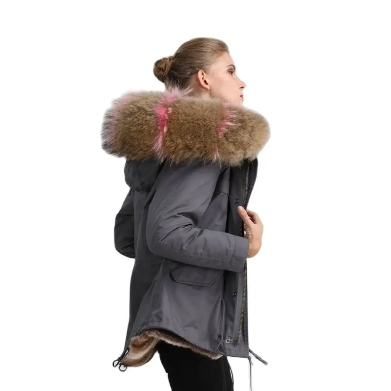 Mhnkro New Arrival Grey Cotton Shell Ladies Mix Color Real Raccoon Fur Hoodies Winter Short Furs Coat Wear