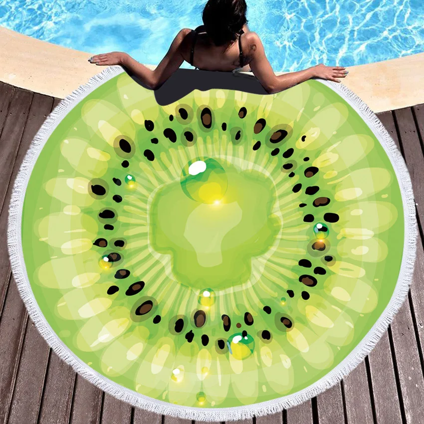 Serviette de plage ronde en microfibre Orange pastèque 550g, serviette de bain épaisse pour la douche, tapis de natation d'été avec glands