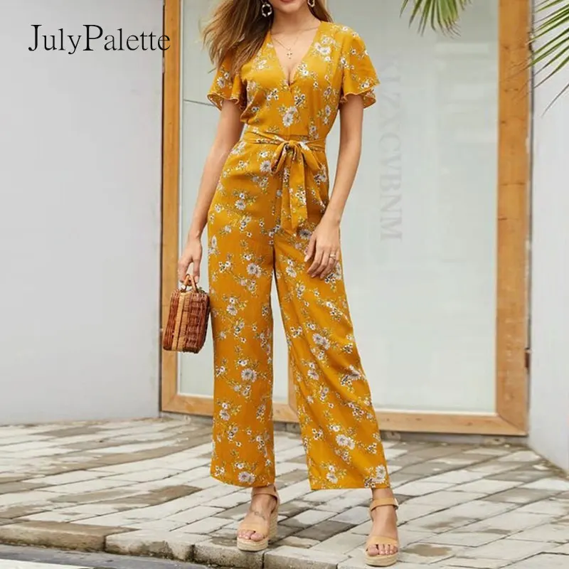 

Julypalette 2021 Summer Beach Lace-up Woman Rompers Sexy Deep V-neck Ruffles Sleeve Jumpsuit Holiday Floral Bow Siamese Trousers