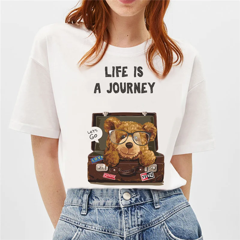 

Женская футболка из 100% хлопка серия мультяшный медведь-LIFE IS A JOURNEY удобная и дышащая Высококачественная хлопчатобумажная ткань