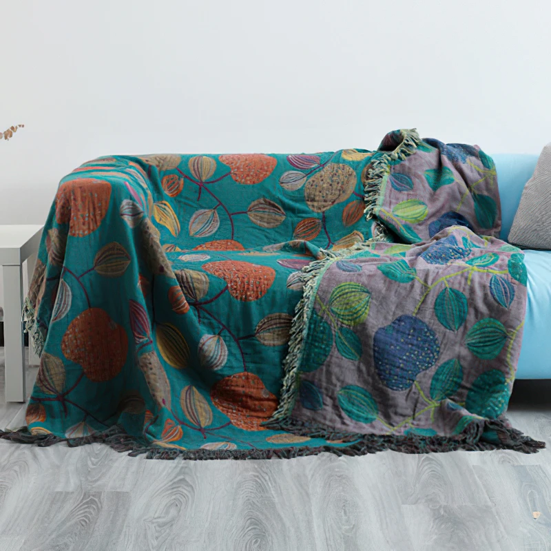 

100% Cotton Gauze Bed Sofa Cover Chic Tassel Multifunction Travel Breathable Throw Blanket Fruit tassel Muslin Summer Blanket