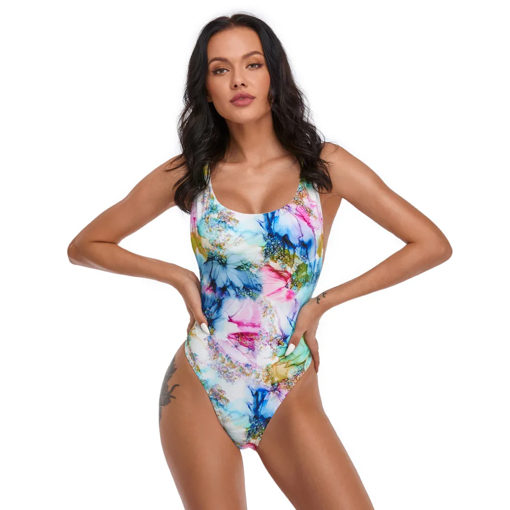 

2021 Shoulder One Piece Spot Digital Direct Jet Printing Women's European And American Sexy Swimsuit Abstract Pattern Swimsuit