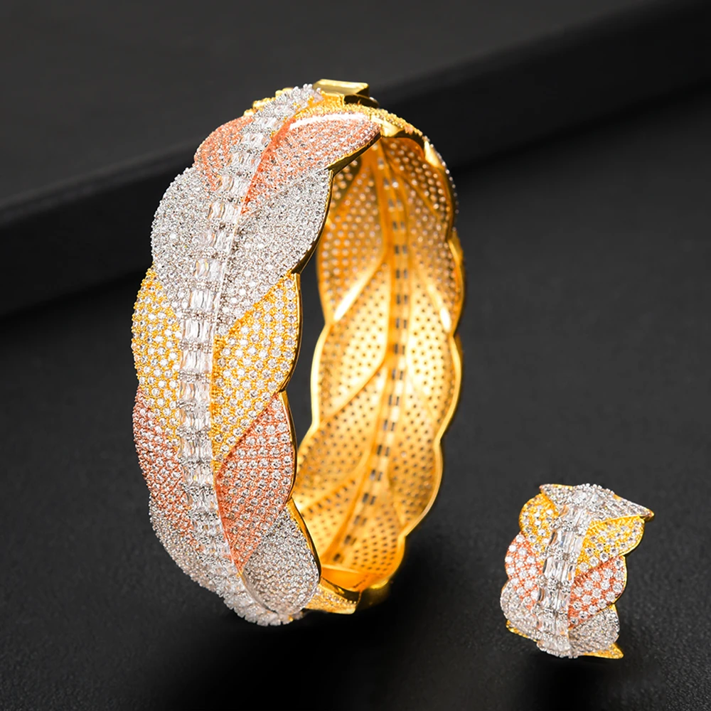 

Brand Luxury Big Delicate Bangle Ring Set For Women Full Micro Cubic Zircon Pave Party Wedding Saudi Arabic Dubai Jewelry