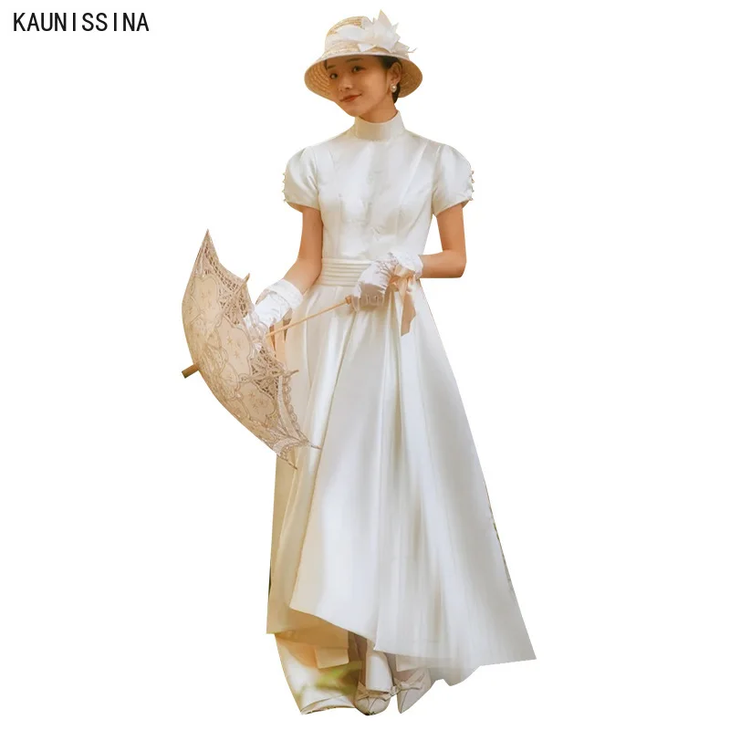 

KAUNISSINA Simple Satin Wedding Dresses High Collar Short Sleeve Pleated Vintage Bride Marriage Dress Women Elegant Bridal Gowns