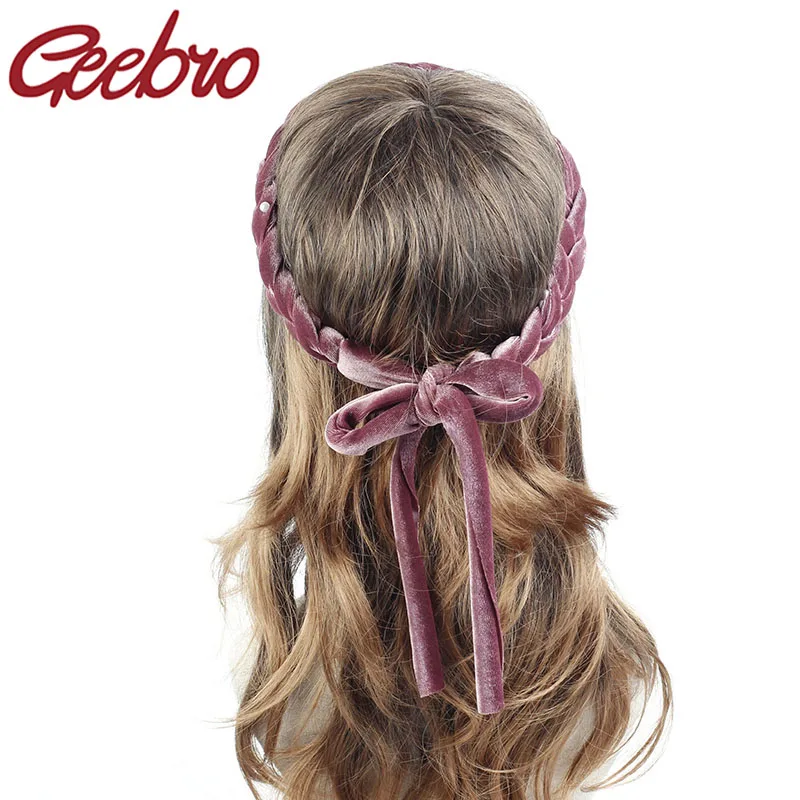 Geebro Женские полосатые бархатные жемчужные косички повязки на голову зимние