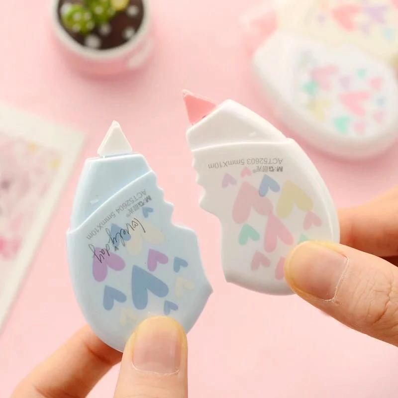 

2 pcs/pair Creative Love Heart Correction Tape Material Escolar Kawaii Office School Student 10m Correction Tapes Stationery