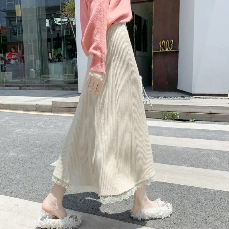 

2023 Autumn Winter Fashion Long Skirts Women Patchwork High Waist Knitted Sweater Skirt Female A-line Skirt Jupe Femme Y683