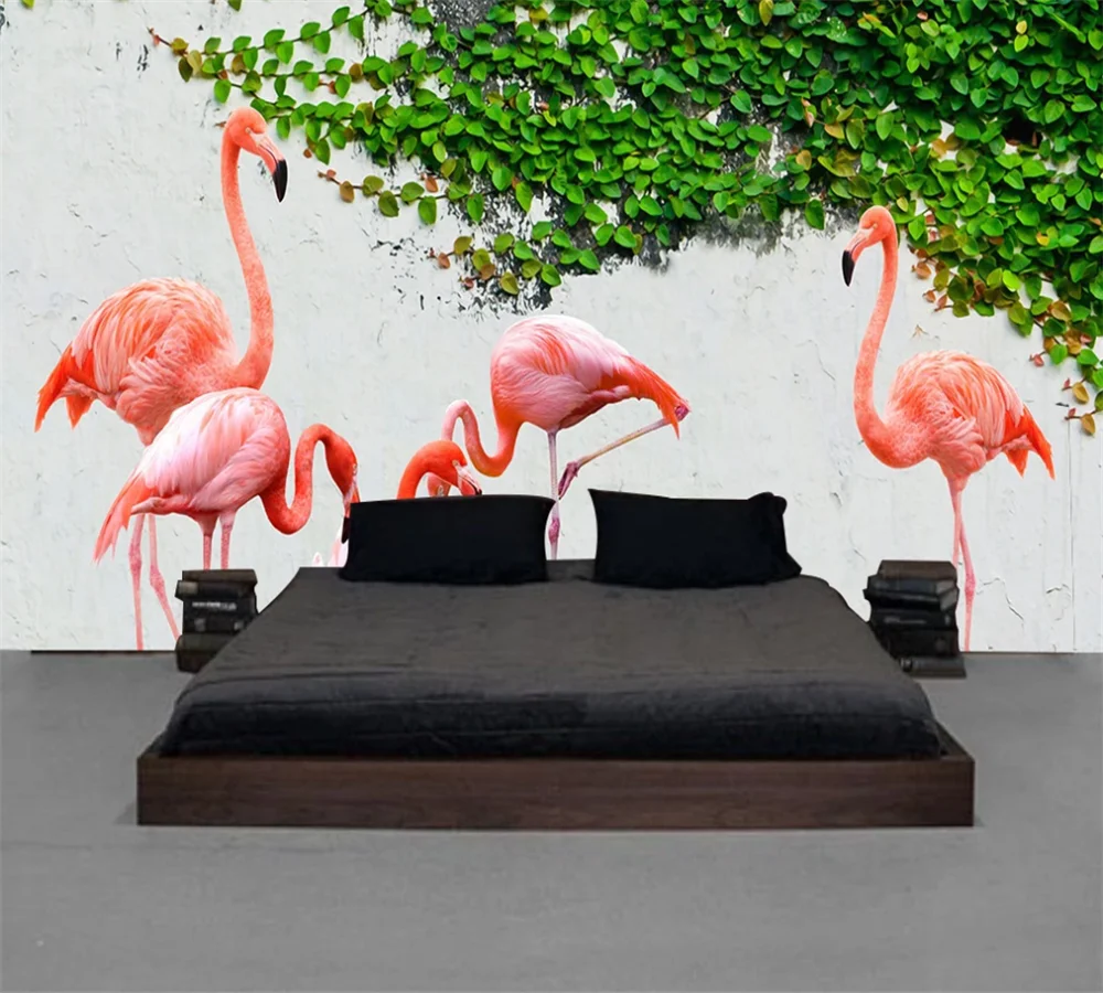 Пользовательские 3D Обои фреска Фламинго зеленый лист ТВ Фон Стена | Обустройство