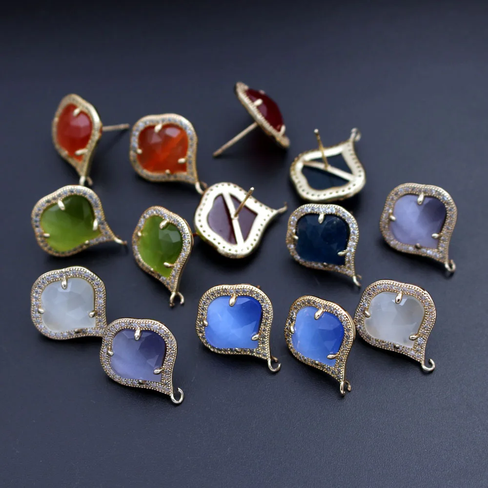 10pairs CZ Paved Gold Plated Stud Earring Post Green Blue Red Cats Eye Stone Earring Connectors Linkers For Women Jewelry Crafts