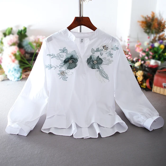 women's spring autumn flower embroidery casual loose cotton short shirt lady's v-neck pullovers white blouse TB3974