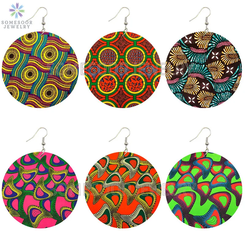 

SOMESOOR Bohemian African Wooden Drop Earrings Cute Afro Ethnic Fabric Pattern Both Sides Printed Dangle Jewelry For Women Gifts