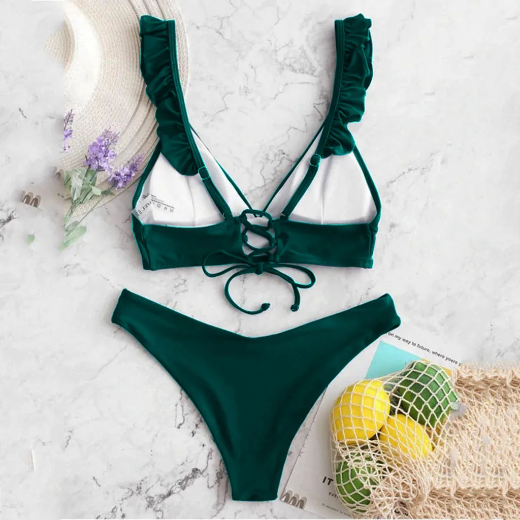 

Women Sexy High Leg Cut Bikini Set V Neck Swimsuit Two Pieces Biquini Swimwear Beachwear Floral Ruffled Bathing Suit K