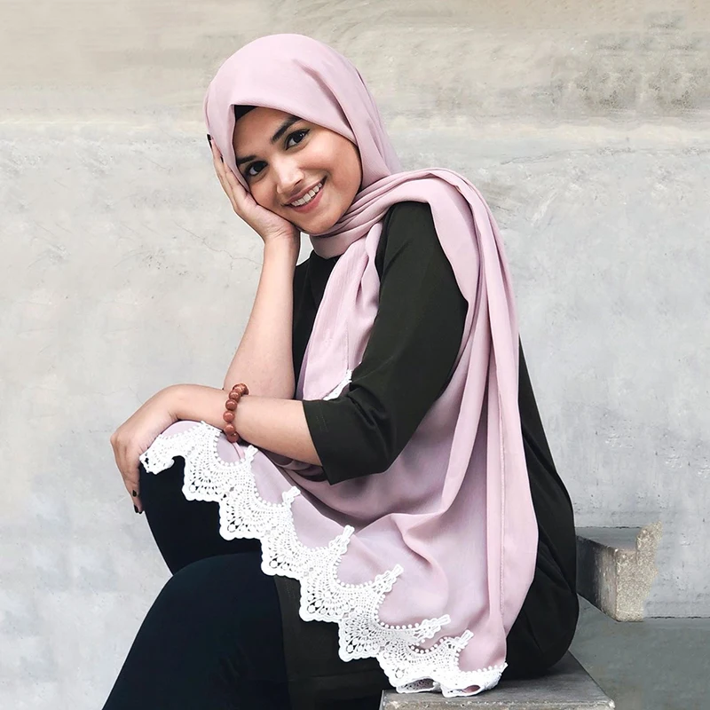 

Trendy Plain Bubble Heavy Chiffon Wrap With White Embroidered Lace Solider Color Shawls Headband Muslim Hijabs Scarves/Scarf